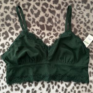 Aerie Ribbed Eyelash Lace Trim Longline Bralette in Sycamore Green Size Medium